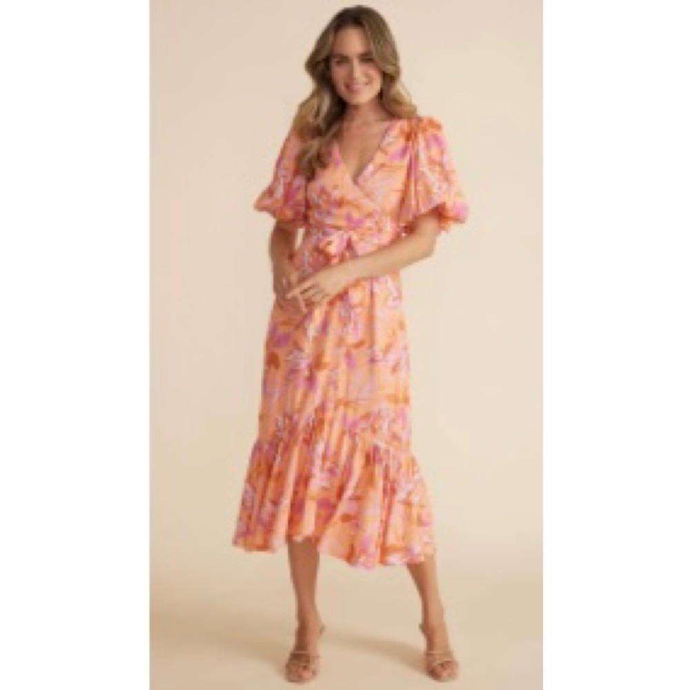 MinkPink The Carmen Midi‎ Dress Mock Wrap Women Orange Large $189
